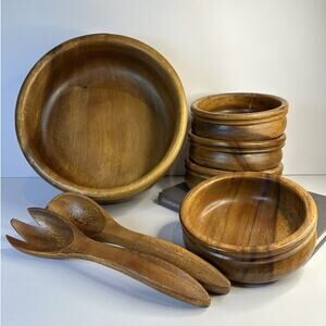 Genuine Monkey Pod Handcrafted Wood Made in the Philippines Salad Bowl Set of 7
